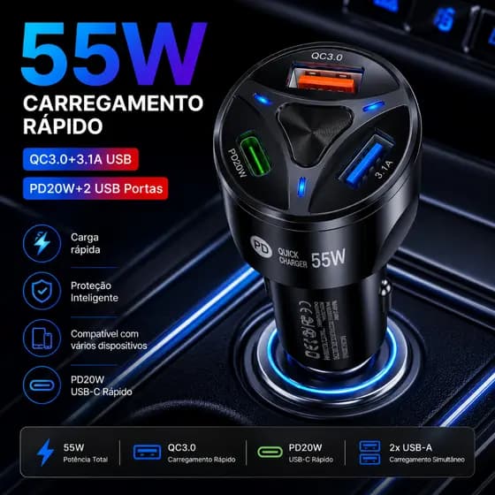 Carregador Veicular Turbo 55W USB-C PD20W QC3.0 3 Portas Carga Rápida iPhone Samsung Xiaomi
