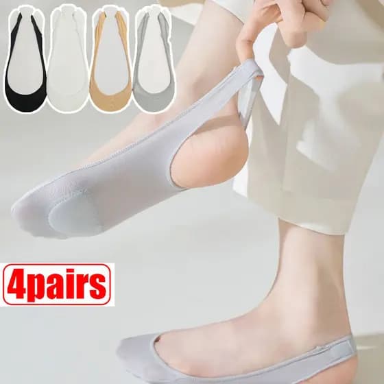 4 Pares Meias De Barco De Seda Ultra-Finas Femininas De Pés Invisíveis De Funda Oca Não Deslizante