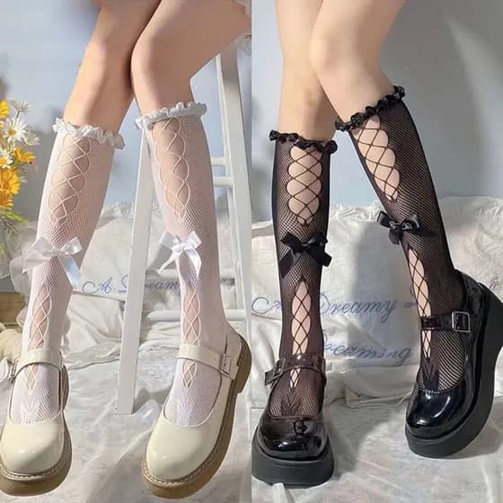 Doce Lolita Meninas Bowknot Oco Meias Longas Japonês Fishnet Maré Rendas Bezerro Arco Cruz Laços JK Finas