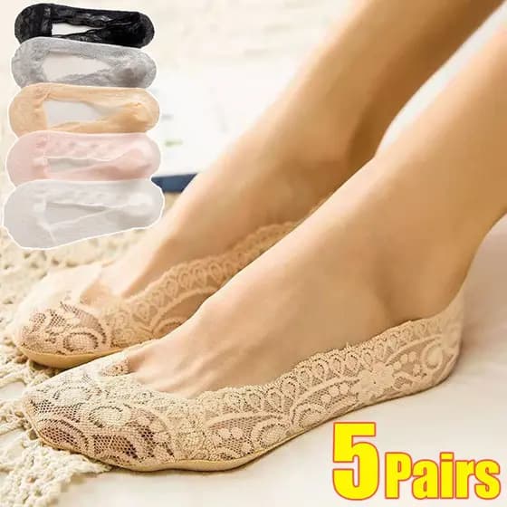 5 Pares/set Moda Feminina Meninas Meias De Verão Estilo Renda Flor Curto No-Show Antiderrapante Invisível Tornozelo Sock