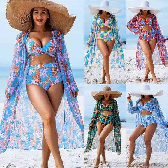 Novo Conjunto de Biquíni de Três Peças com Estampa Floral da Moda para Férias na Praia biquini com saida de praia