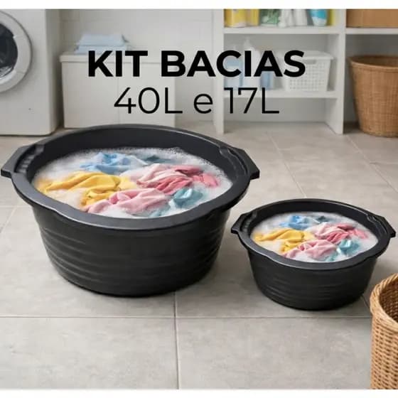 Kit Bacias Pretas Reforçadas 40L e 17L Plástico Com Bico Direcionador Limpeza Casa Lavanderia Multiuso