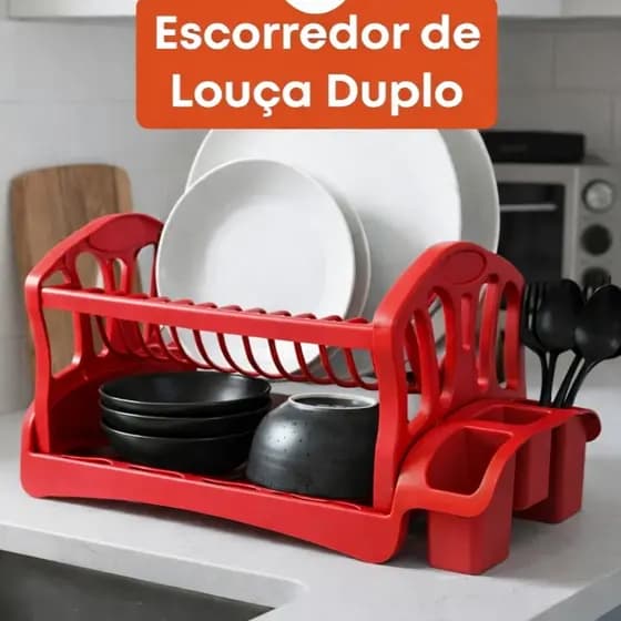Escorredor Organizador Cozinha Pia Duplo Louça Talheres Copos Pratos Decoração Casa Vermelho
