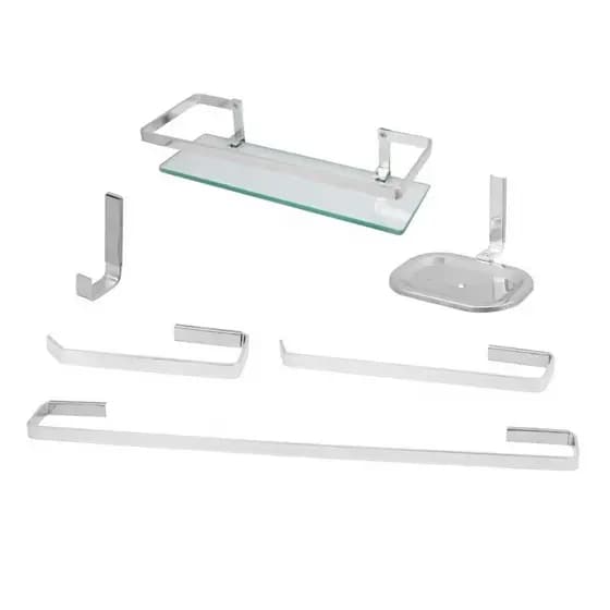 Kit Banheiro Quadrado Cromado 5 Peças + Porta Shampoo Barra Chata Reto Incolor