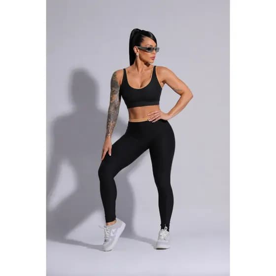 Conjunto Fitness Feminino Top + Calça Cintura Alta Preto Premium