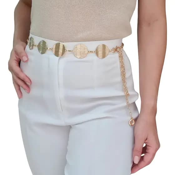 Cinto Corrente feminino ajustável com moedas redondas Dourado Prata festa balada moda verão e glamour vintage