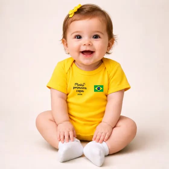Body Bebê Infantil Unissex Minha Primeira Copa 2026 com Bandeira Brasil Copa do Mundo Seleção