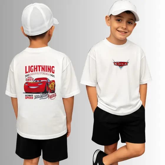 Conjunto Infantil Camiseta Frente e Costa e Short Moletinho Carros Mc Queen Festa Temática