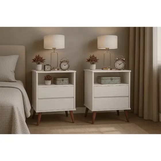 •Kit com 2 Mesas de Cabeceira com 2 Gavetas Pés Retrô Onix para Quarto