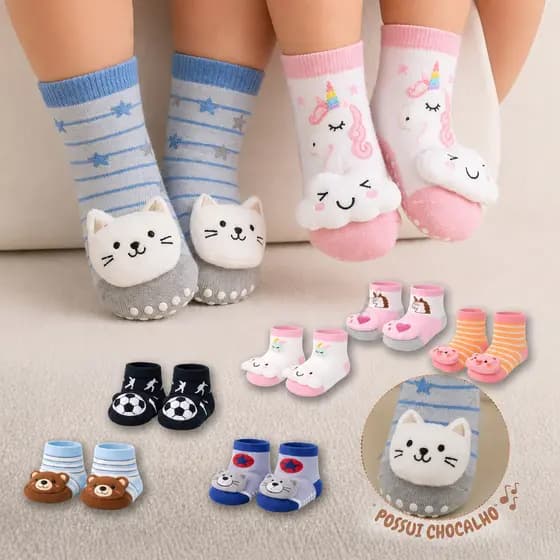 Kit 5 ou Kit 10 Pares Meia Infantil Bebê Pantufa 3D Bichinho Antiderrapante RN Menino Menina Unissex
