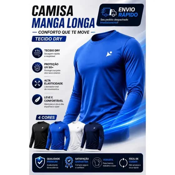 Camisa Termica Masculina Manga Longa de Protetor Solar UV FPS+50 Dry Fit