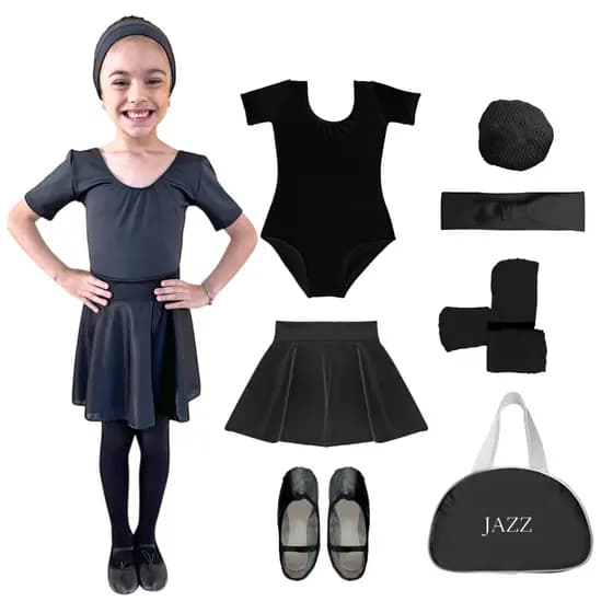 Kit Jazz Ballet Infantil 7 Itens Uniforme Preto
