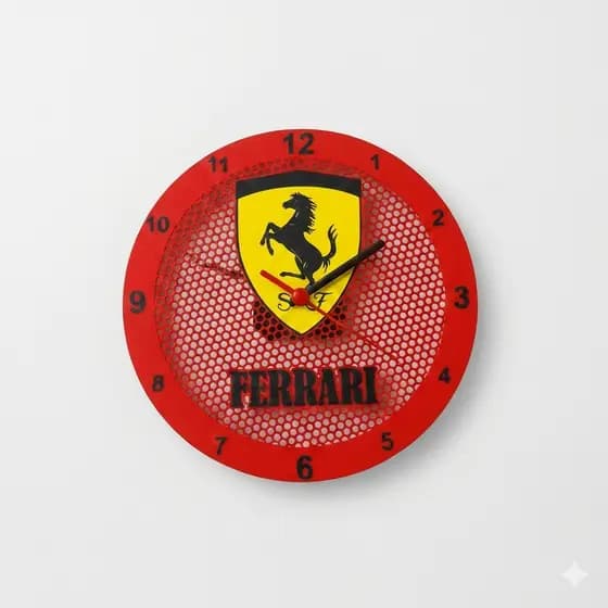 Relógio de Parede Temática Ferrari Vermelho | Escudo Amarelo Cavalo | Decoração Sala/Quarto/Oficina