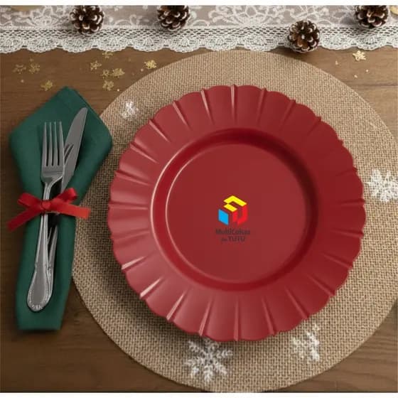 50 Prato Redondo e Fundo plástico com bordas decoradas p/ Evento Resistente Reutilizavel e Pratico