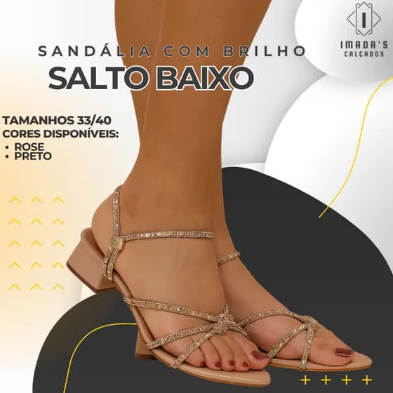 Sandália Feminina Salto Baixo 3cm Napa Rose ou preto | Tira com Pedras | Elegante e Confortável