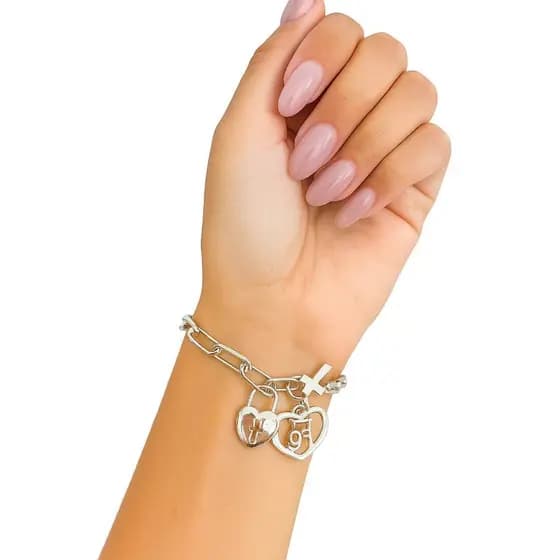 Pulseira Feminina Mulher Prateada Prateado Aço inox Inoxidável Coração Fé Cadeado Lindo Delicado Nfe