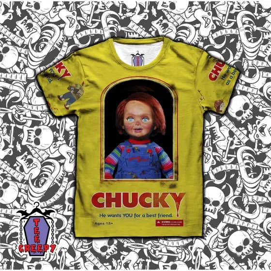 Camiseta t-shirt chucky brinquedo assassino 2 caixa amarela versão good guy filme terror halloween