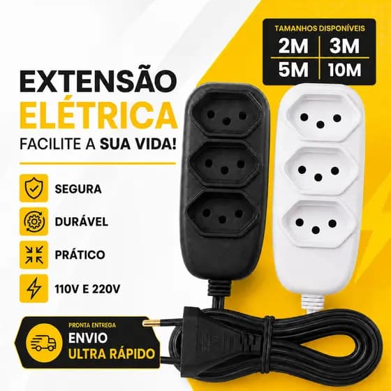 Extensão Elétrica 2, 3, 5, 10 Metros Bivolt 110/220v Tripolar 10A Cor Branca Preta Resistente