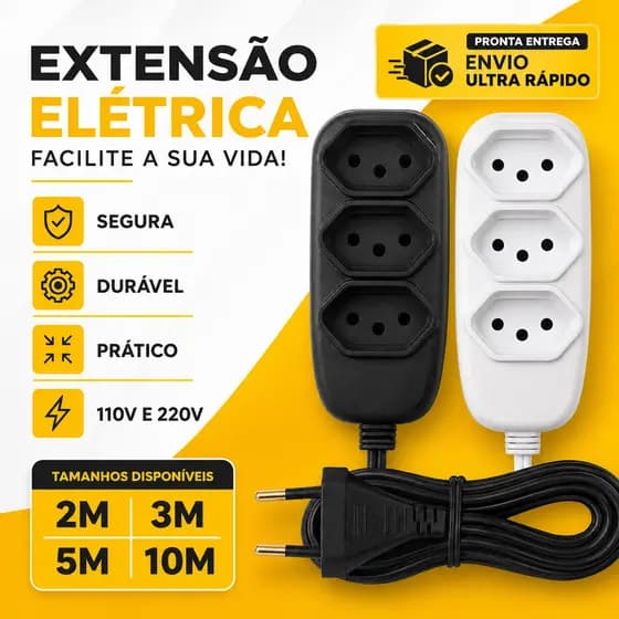 Extensão elétrica 2, 3, 5 e 10 Metros Vários Tamanhos Compacta Resistente Durável