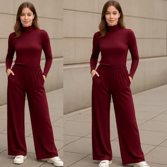 Conjunto Pantalona Feminina Viscolycra Com Bolso e Elástico na Cintura Blusa Gola Alta