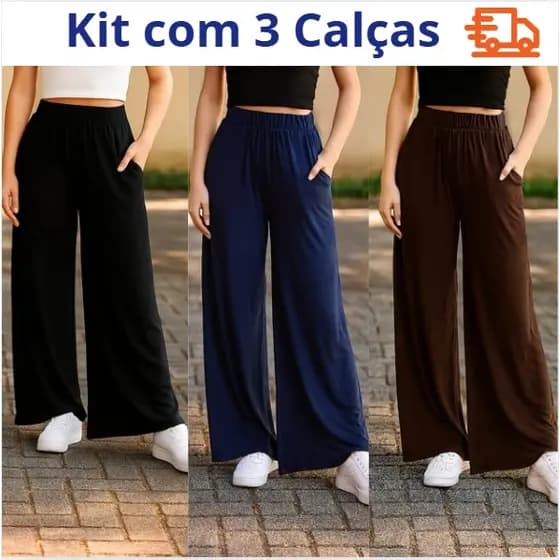 Kit com 3 Calças femininas leve e elegante modelo pantalona com bolso lateral.
