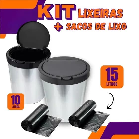 KIT Lixeiras Pia Banheiro Escritório 10L Click Label Inox + Sacos de lixo 15 Litros 20 Unidades