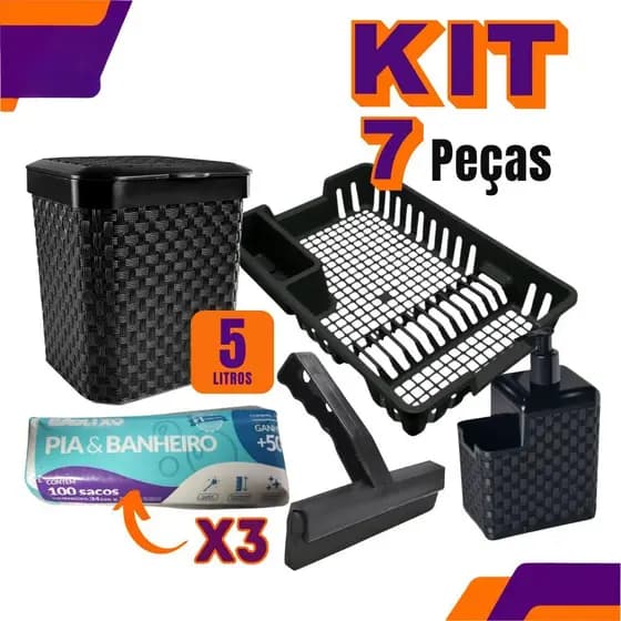 Kit Lixeira 5 Litros + Porta Detergente + Escorredor Louça + Rodinho + Sacos de lixo 7 Litros