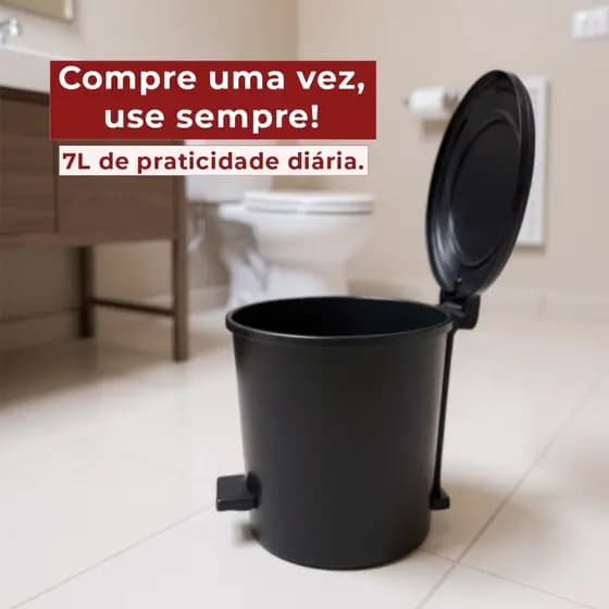 Lixeira Pedal 7,5L C/Tampa Ideal Banheiro Cozinha Escritório Lavanderia Litros Plástico Preta
