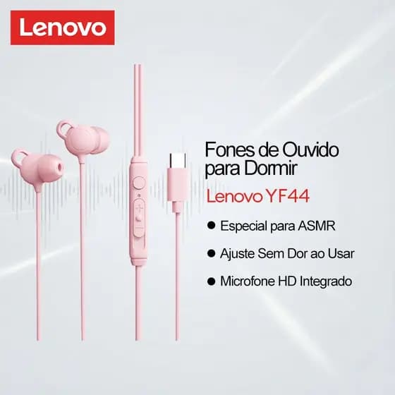 Fone De Ouvido Para Dormir Lenovo YF44 E Fones Intra-Auriculares Com Microfone ASMR Uso Indolor