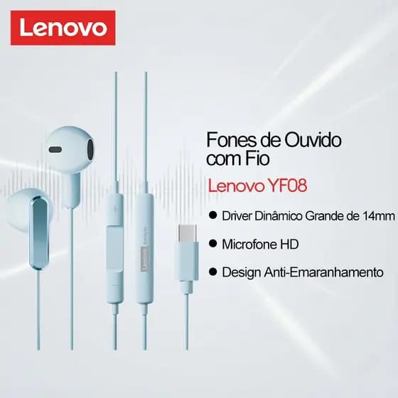 Fones De Ouvido Com Fio Lenovo YF08 E Semi-Intra-Auriculares Driver Dinâmico Grande De 14 Mm Microfone HD , Além De Ajus