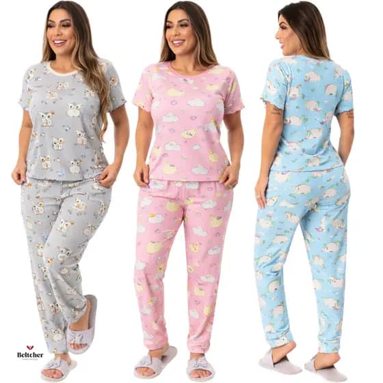 Pijama Feminino Estampado Manga Curta Calça Comprida Jô Virginia