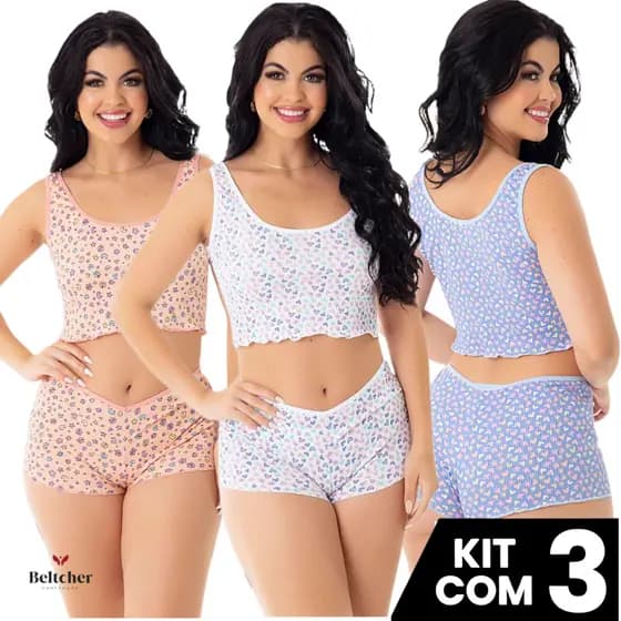 Kit 3 Baby Doll Short de Dormir Pijama Verão Estampado Feminino Roupa Linha Noite Fresquinho