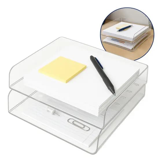 Kit 2 Arquivo Papel Acrilico Folha Escritorio A4 Caixa Box Empilhável Mesa Organizador
