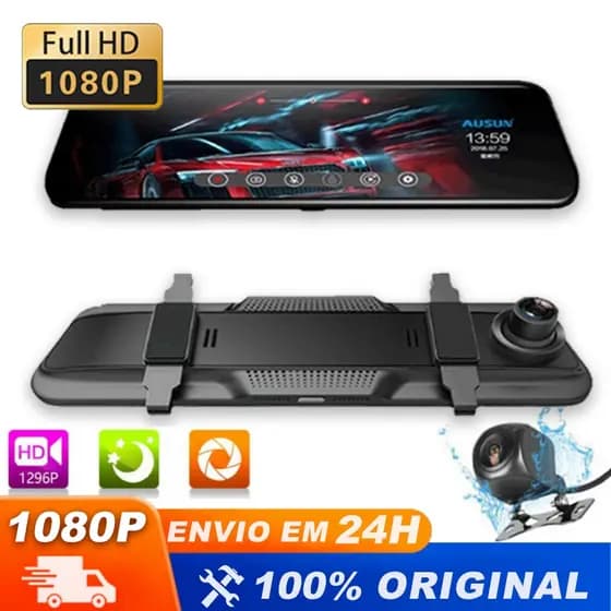 Câmera Espelho 10 Polegadas DVR Veicular Dash Cam Frontal e Traseira 1080P Infravermelho