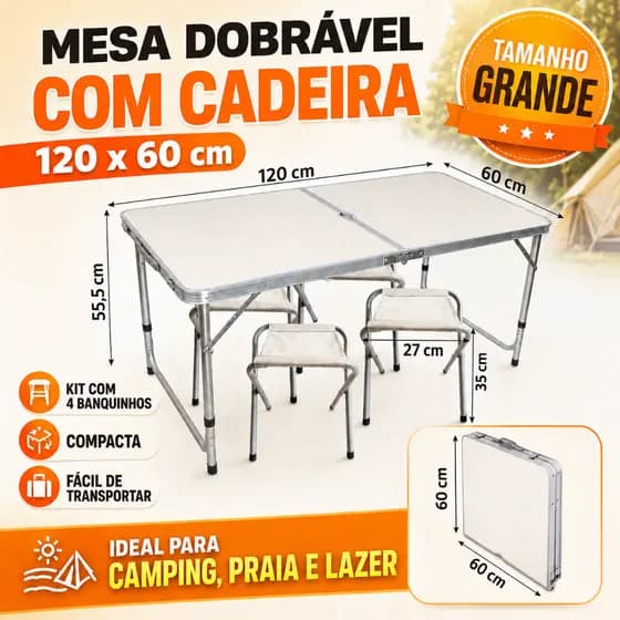 Mesa Dobrável COM CADEIRA Ajustável Portátil 120x60cm Branca para Camping Praia Churrasco