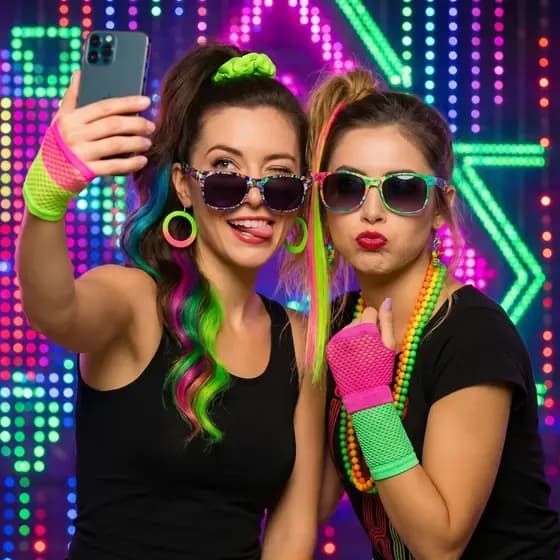 Kit de 5 Peças para Festa Retrô: Peruca,Colar,Luva e Brincos-Acessórios Disco Anos 80 com Temática Neon
