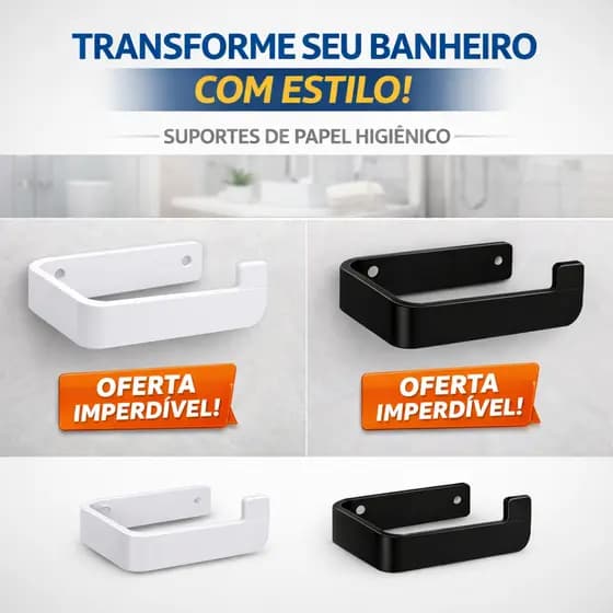 Suporte de papel higiênico com design moderno, alta durabilidade e acabamento disponível nas cores branco e preto.
