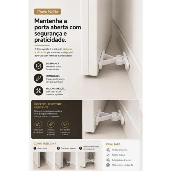 Trava de Porta Adesiva com Suporte Extra – Fixação Dupla Face, Instalação Fácil e Alta Resistência