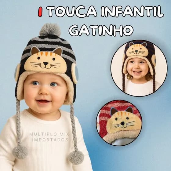 Touca Gatinho Infantil de Lã Inverno Confortável Gorro Bichinhos Menino Menina Frio Passeio