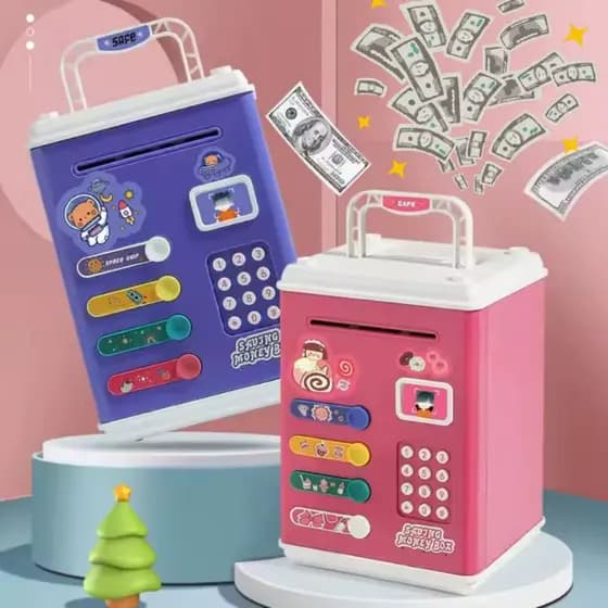 Mini Cofrinho Eletrônico Digital com Senha Puxa Notas Automático Brinquedo Cofre para Crianças