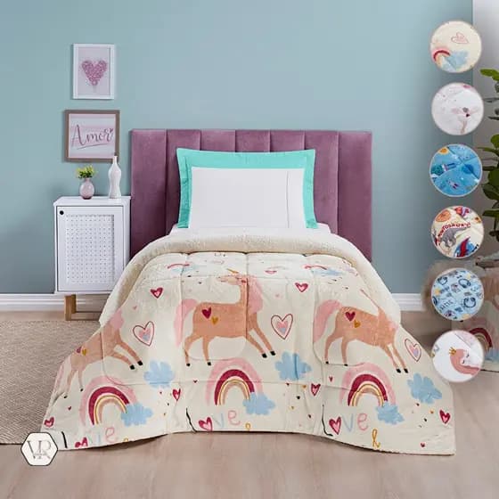 Coberdrom Coberta Cobertor Edredom Infantil SOLTEIRO Manta Sherpa La Carneiro Estampa Unicornio Bailarina Princesa