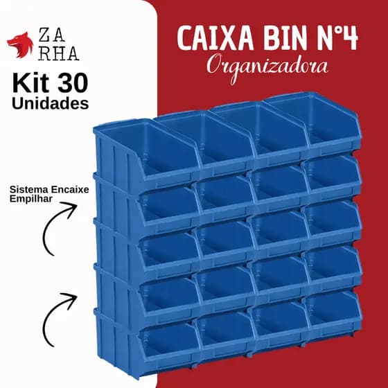 Kit 30 Peças de Gaveteiro Plástico Bin 4 Azul 2L com Porta-Etiquetas – Encaixe em Estantes