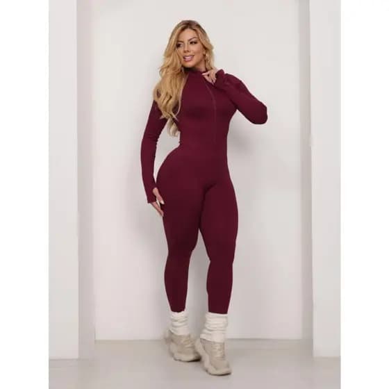 Macacão Fitness Casual Feminino Poliamida Premium Canelado Manga Longa Com Zíper Modelador Sem Transparência Academia