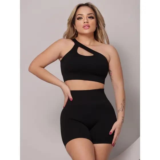Conjunto Fitness Feminino Canelado Top Um Ombro com Bojo Removível + Short Modelador Cintura Alta Academia Esportivo