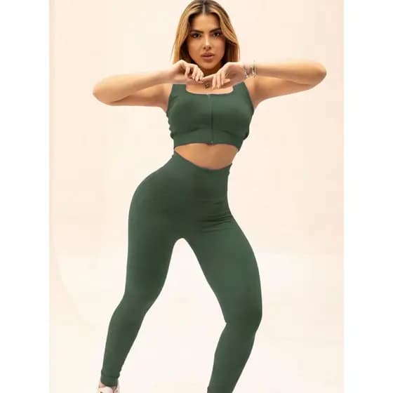 Conjunto Feminino Canelado Calça Legging + Top Reforçado Com Bojo Zíper Disfarça Celulites Cintura Alta Realça Costura