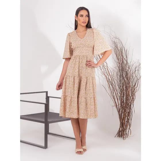 VESTIDO DE ESTAMPADO DE FLOR MANGA MID MODA FEMININAS/DESPOJADO/ ESTILOSO / LOOK/MODA / DECOTE V / VERÃO / TENDÊNCIA/ COLEÇÃO 2023
