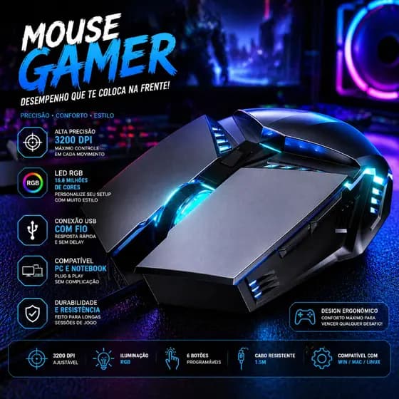 Mouse Gamer RGB com Fio USB Alta Precisão LED Colorido para PC Notebook Setup Gamer