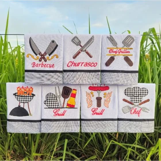 Pano de Prato Churrasco com 7 peças - Guardanapo - Semaninha - 100% algodão - Barra de tricoline