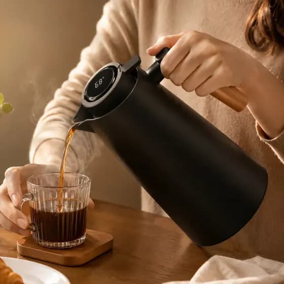 Garrafa Térmica Termômetro Digital 1Litro Com Cabo De Madeira Para Café Chá