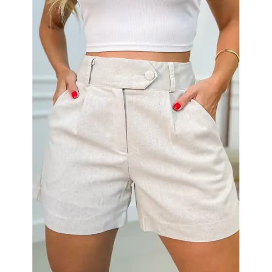 Short Feminino Linho Com Forro Casual Bermuda Shortinho